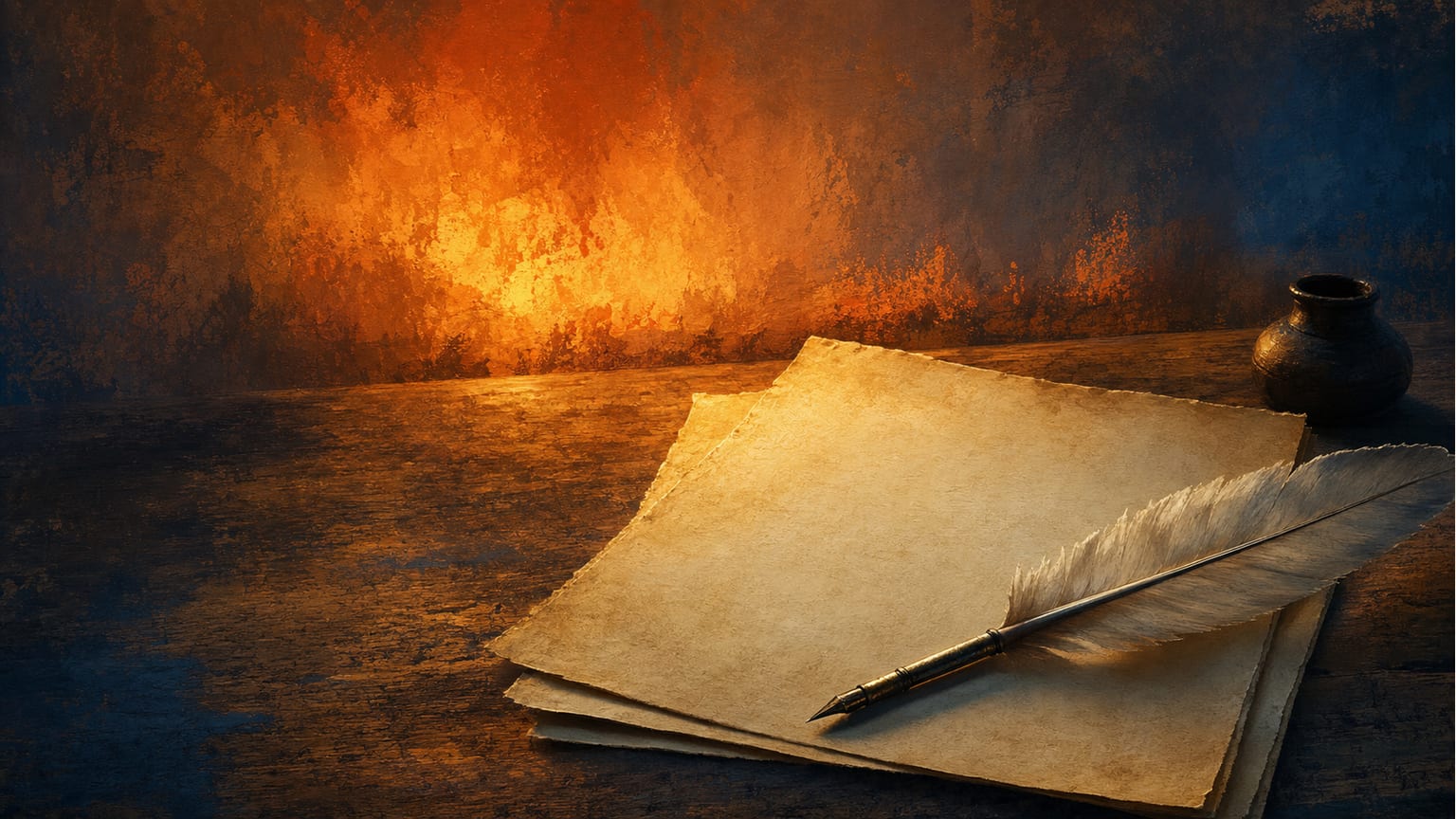 Ilustración editorial simbólica de una pluma y papeles iluminados por el fuego; no representa a Curbelo ni el paisaje real de Timanfaya.