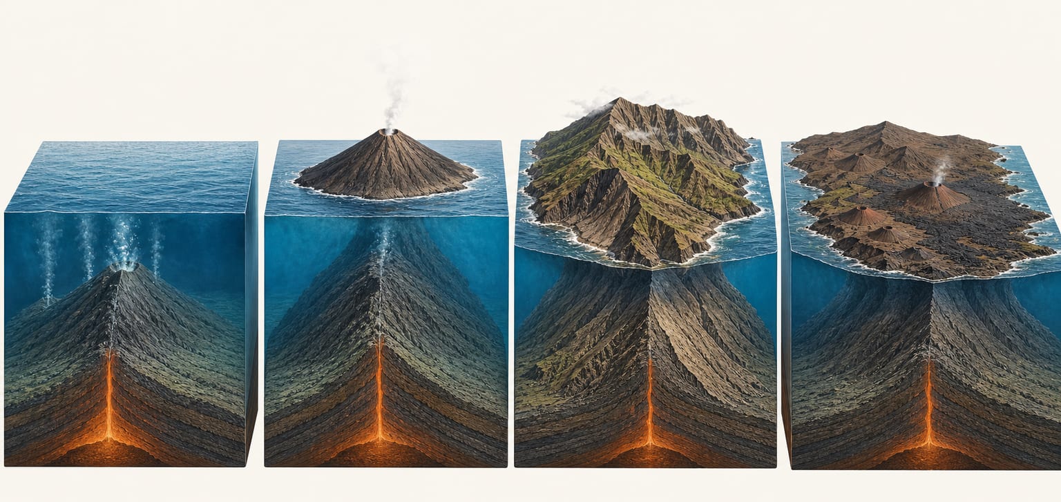 Illustration de l’évolution d’une île volcanique depuis la phase sous-marine jusqu’au rajeunissement