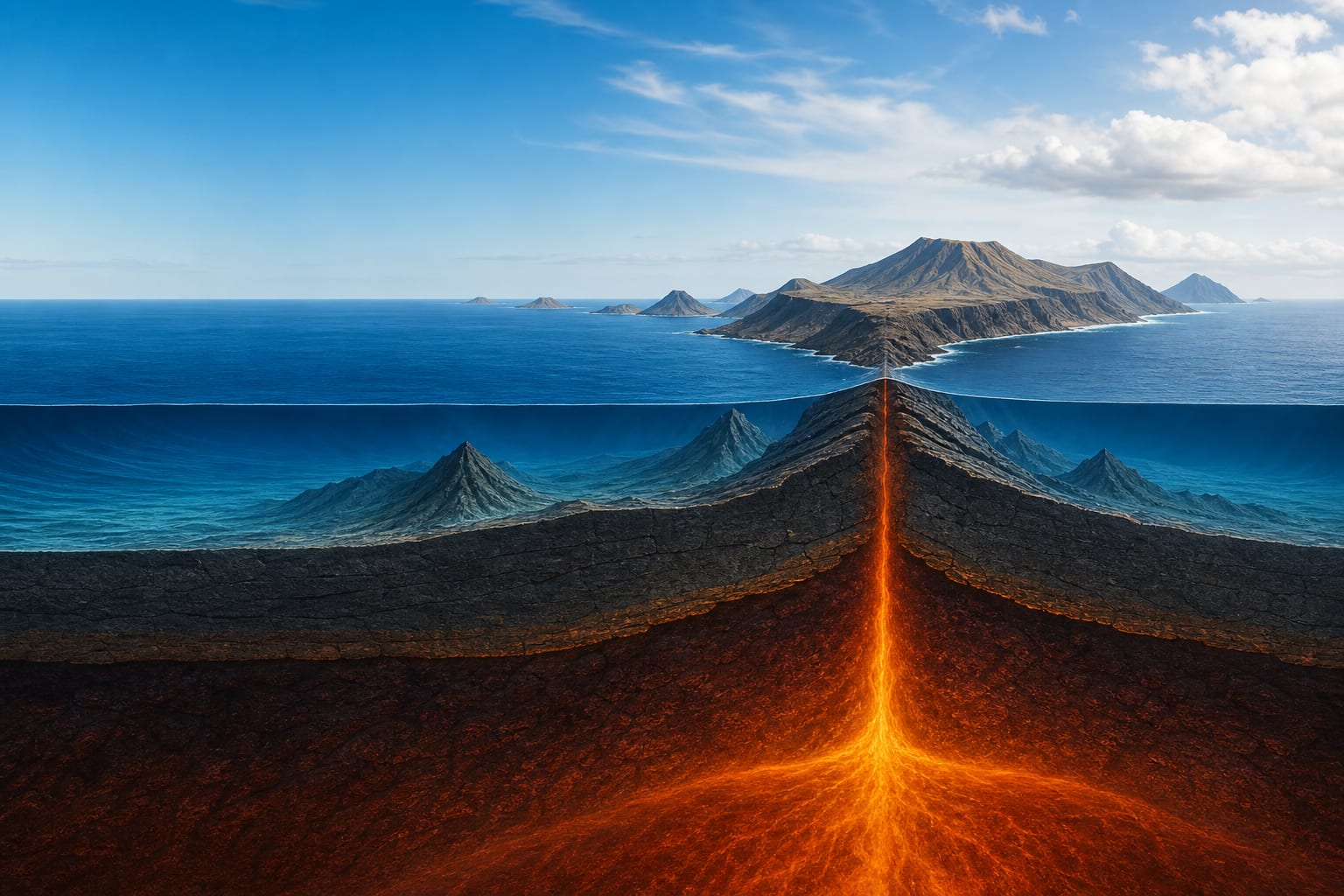 Illustration d’une île volcanique canarienne construite depuis le fond océanique