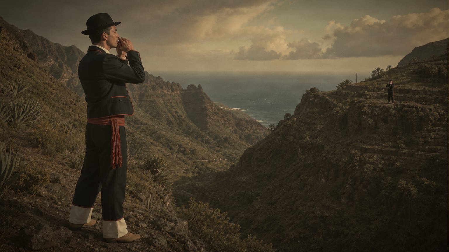 Illustration of a Gomeran whistler communicating across La Gomera's ravines