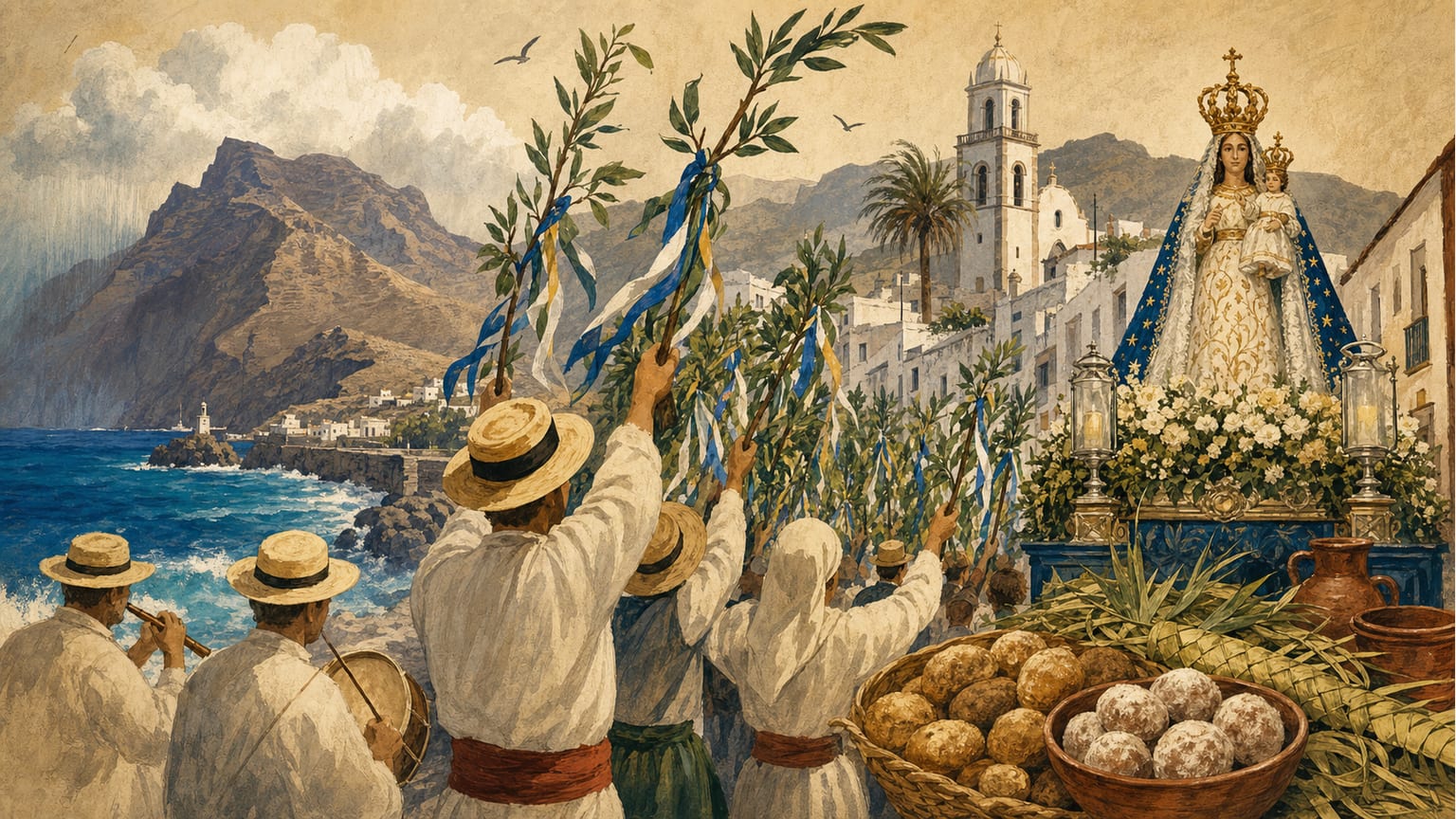 Redaktionelle Illustration des La-Rama-Festes in Agaete mit Tanzenden und Zweigen