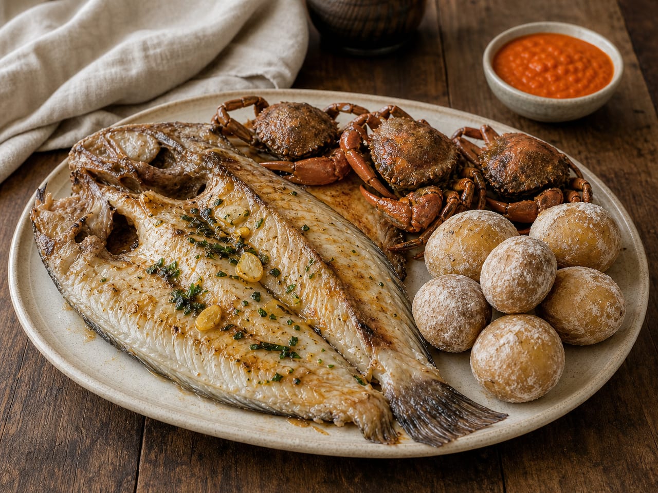 Parrotfish and crabs with wrinkled potatoes