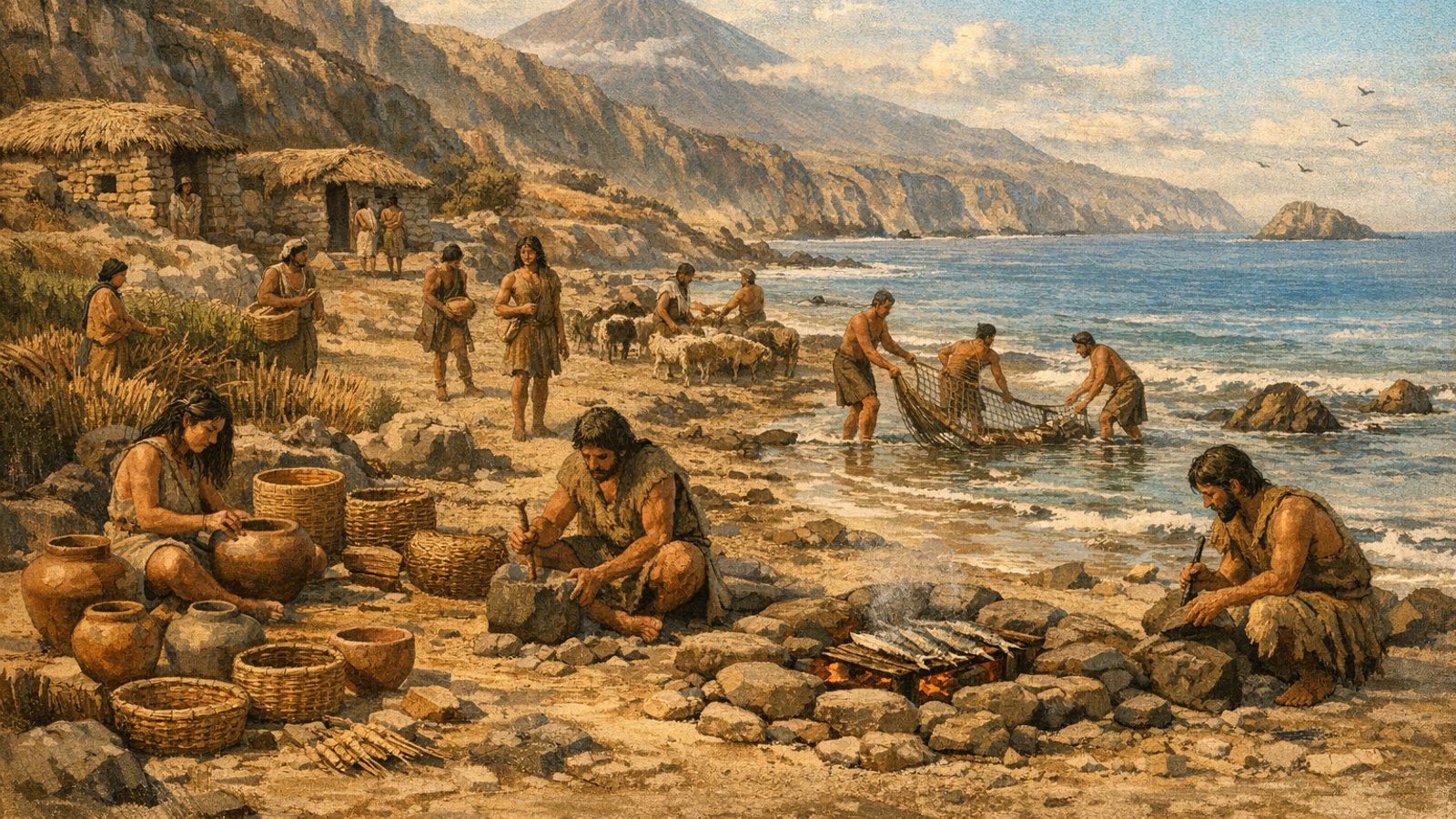Llegada de los primeros pobladores bereberes desde el norte de África y desarrollo de la cultura prehispánica en las islas.
